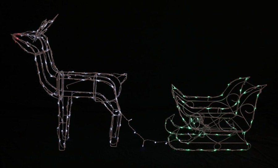 3D & 2D Displays Christmas World  | Solar Sleigh With Reindeer (White-Red-Green)